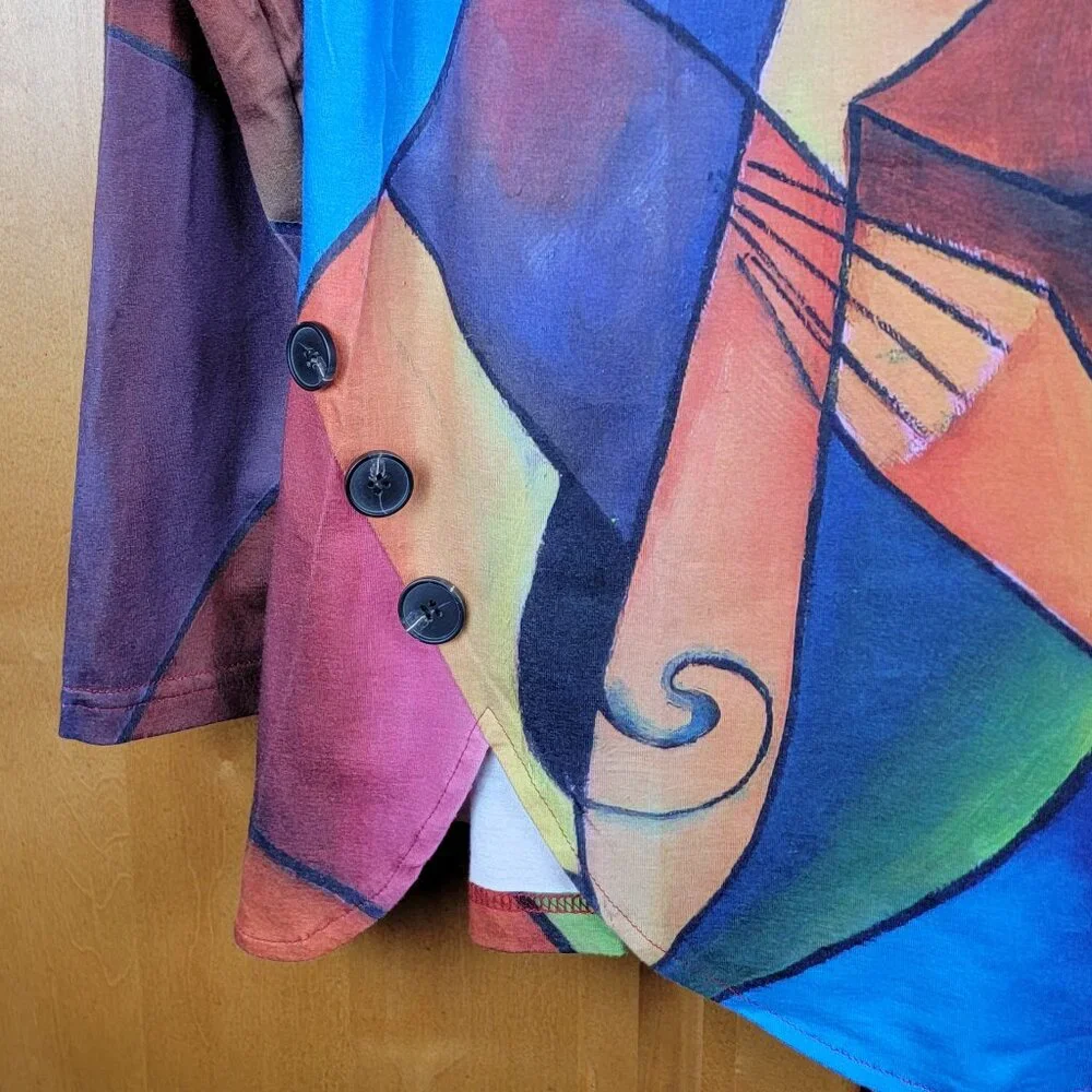 Casual Tunic Top with Abstract Cat Print Long Sleeves Zipper Closure - S - Picture 5 of 8